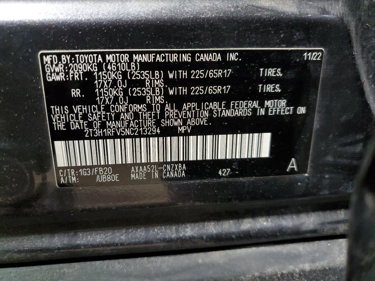 2022 TOYOTA RAV4 LE VIN:2T3H1RFV5NC213294