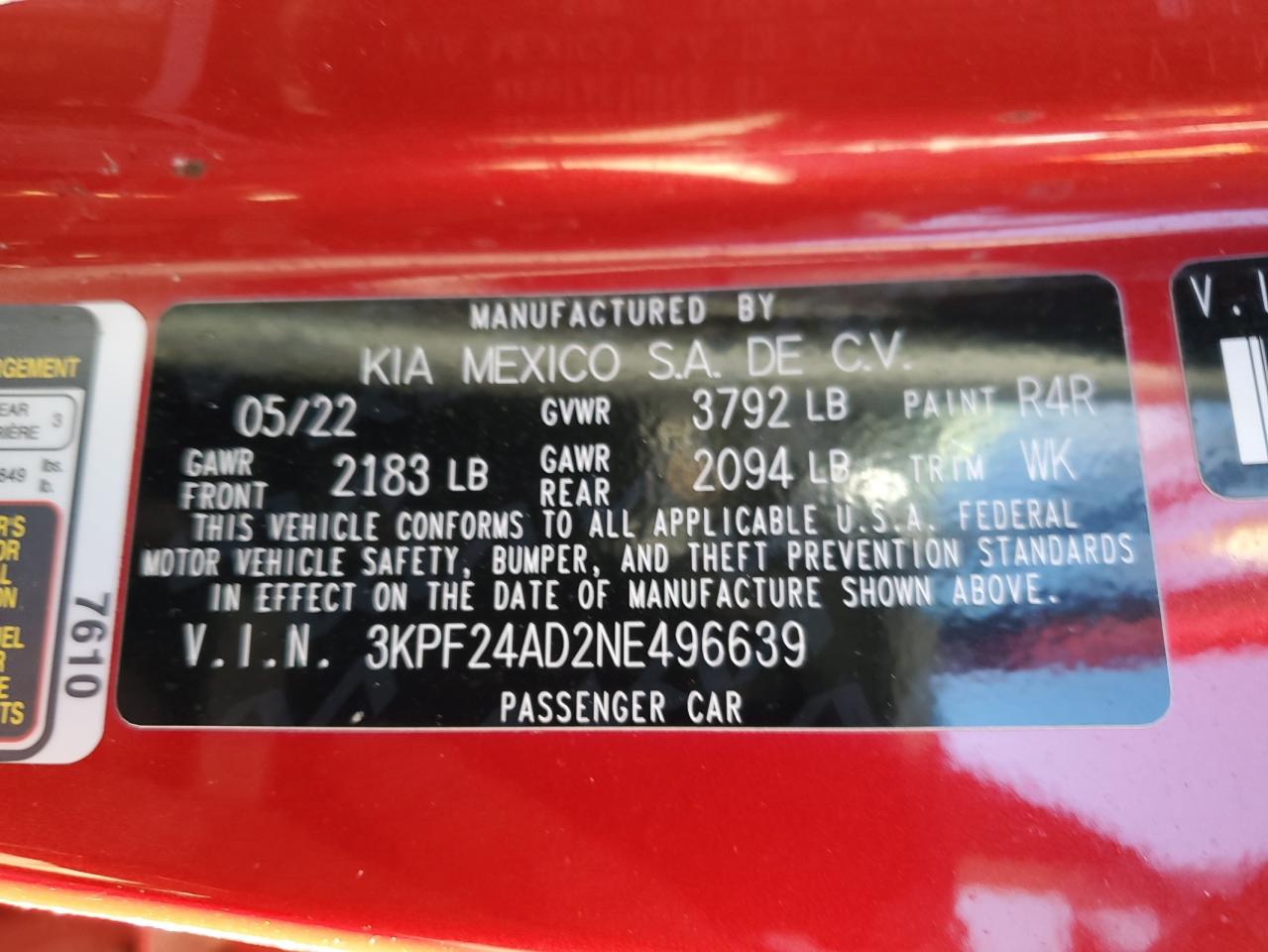 2022 KIA FORTE FE VIN:3KPF24AD2NE496639
