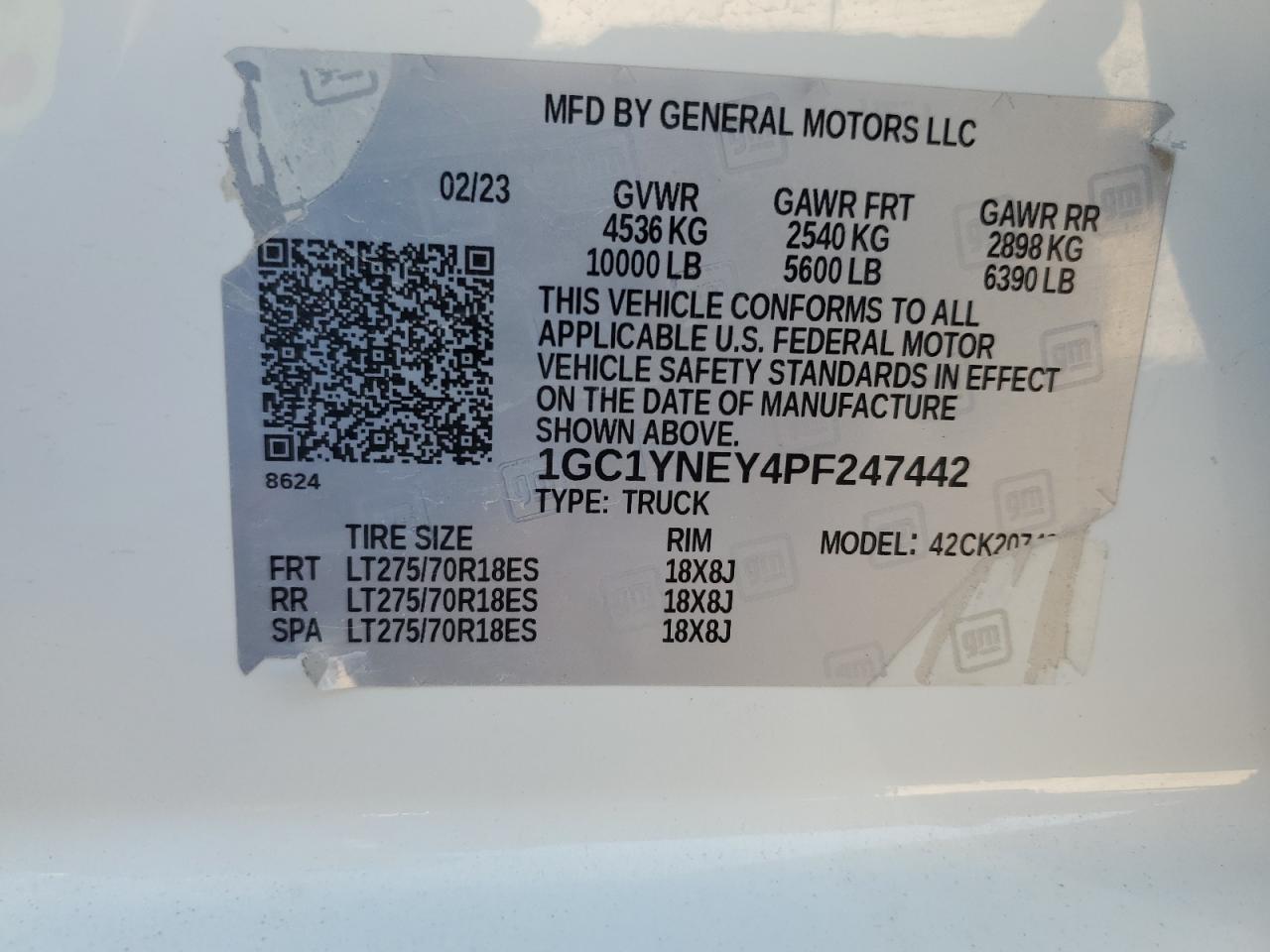 2023 CHEVROLET SILVERADO K2500 HEAVY DUTY LT VIN:1GC1YNEY4PF247442