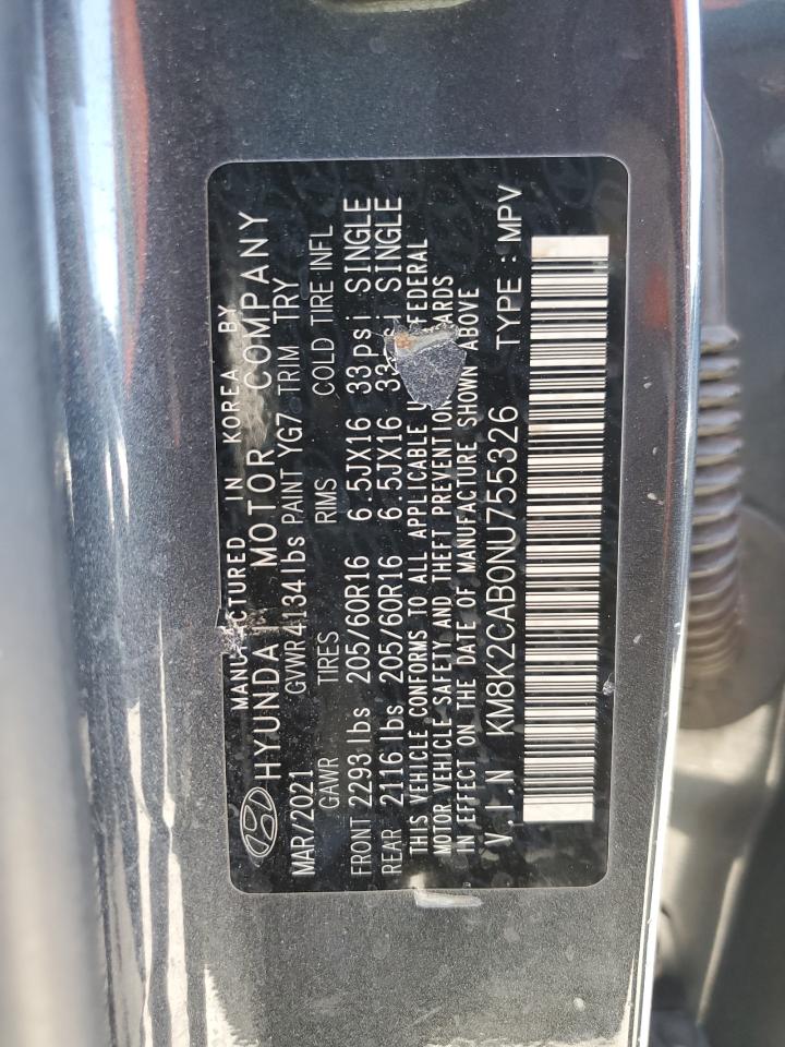 2022 HYUNDAI KONA SEL VIN:KM8K2CAB0NU755326
