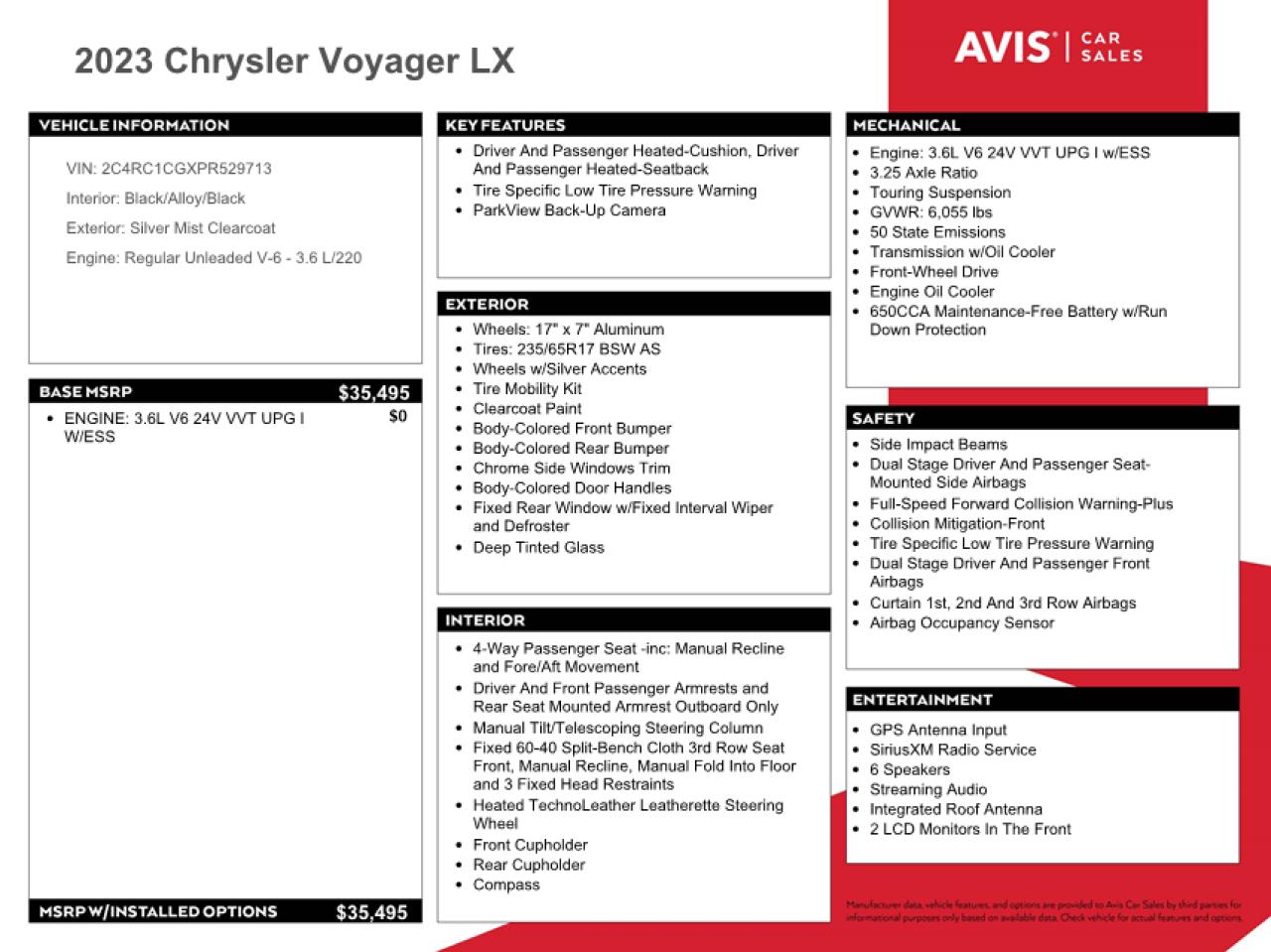 2023 CHRYSLER VOYAGER LX VIN:2C4RC1CGXPR529713