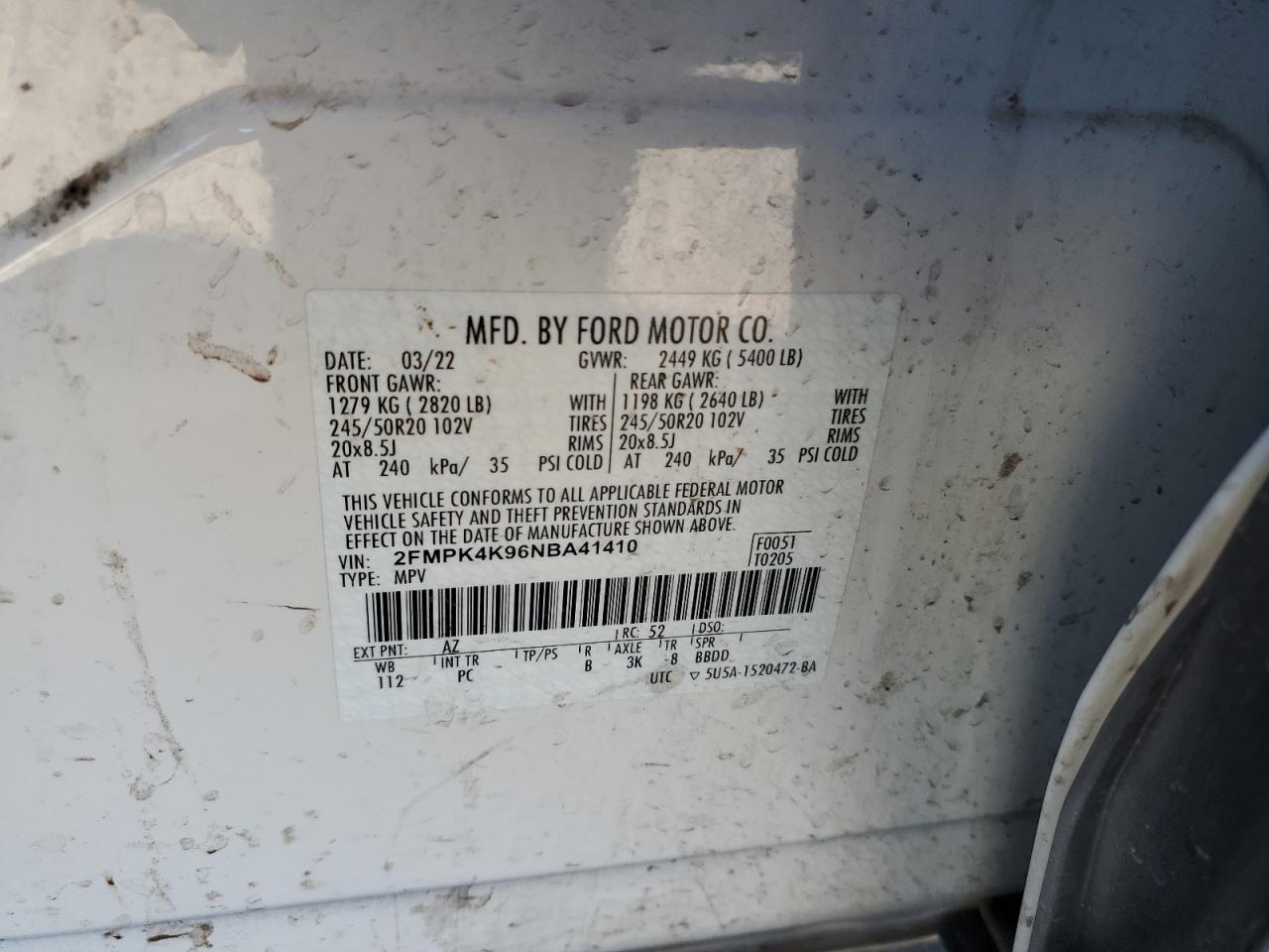 2022 FORD EDGE TITANIUM VIN:2FMPK4K96NBA41410