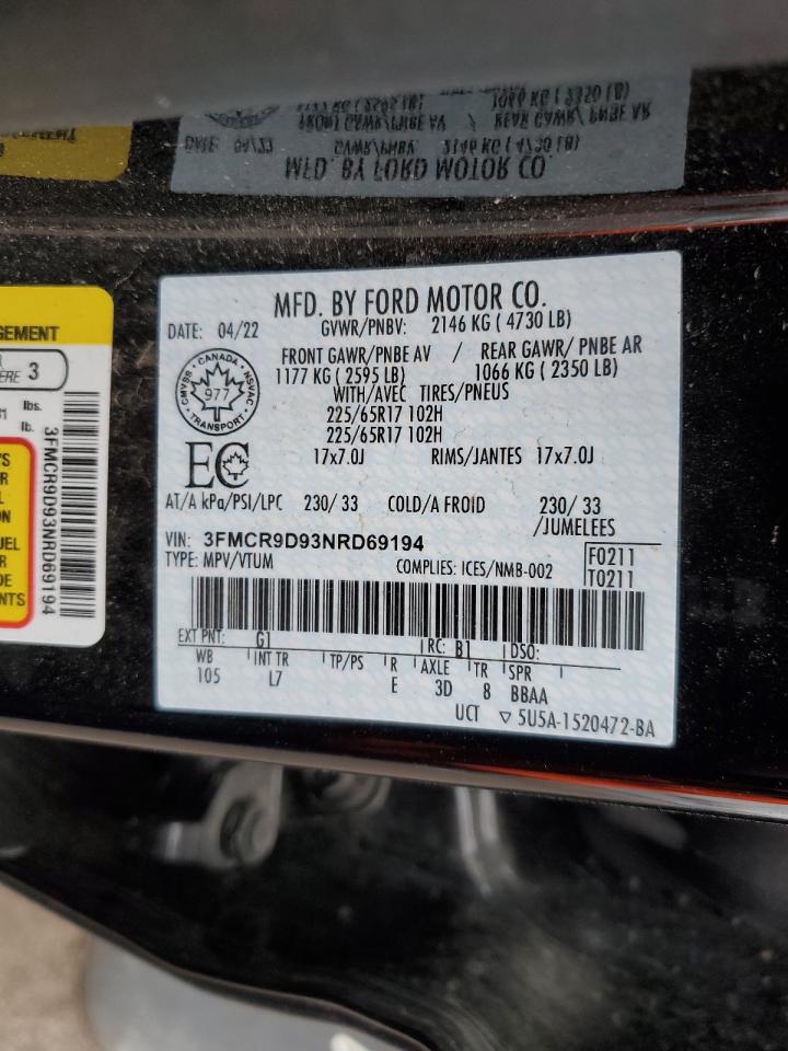 2022 FORD BRONCO SPORT BADLANDS VIN:3FMCR9D93NRD69194