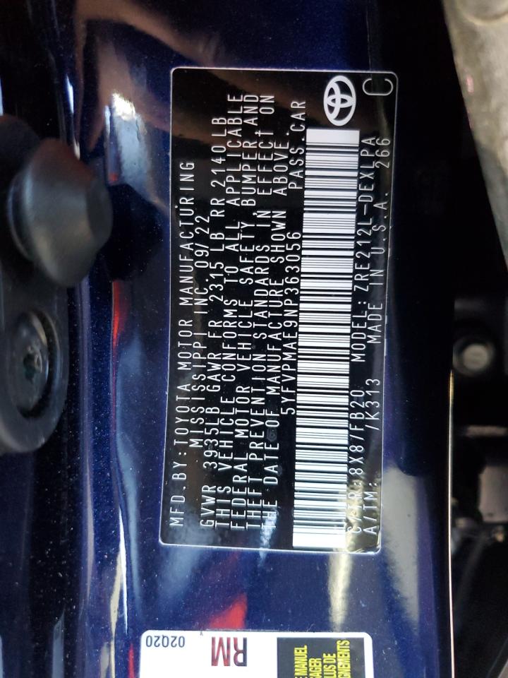 2022 TOYOTA COROLLA LE VIN:5YFVPMAE9NP363056