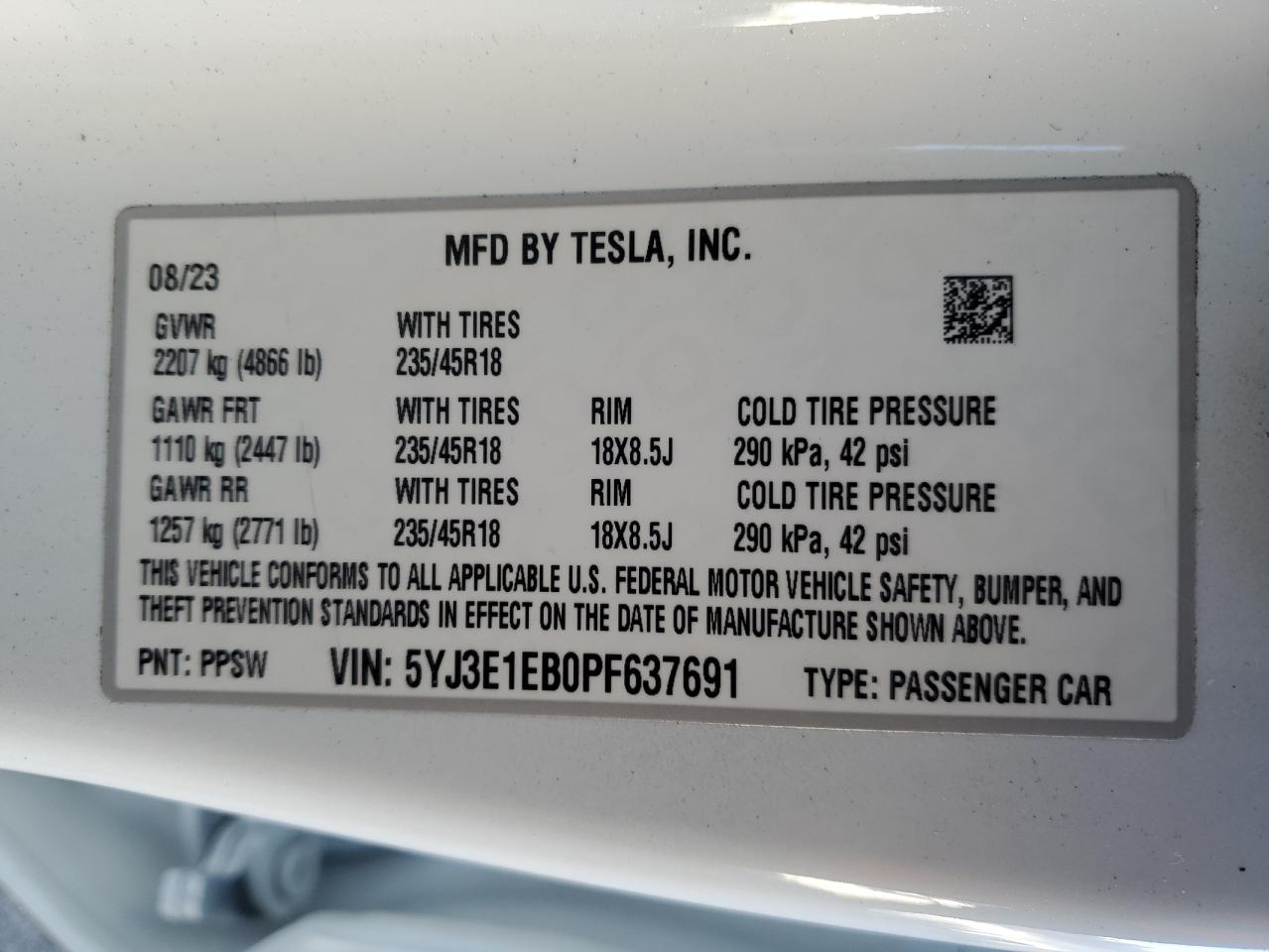 2023 TESLA MODEL 3  VIN:5YJ3E1EB0PF637691