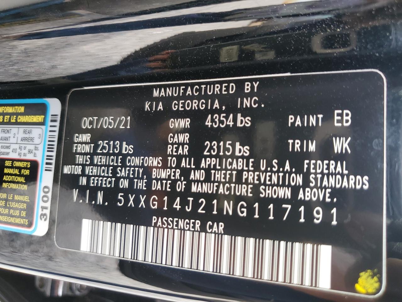 2022 KIA K5 LXS VIN:5XXG14J21NG117191