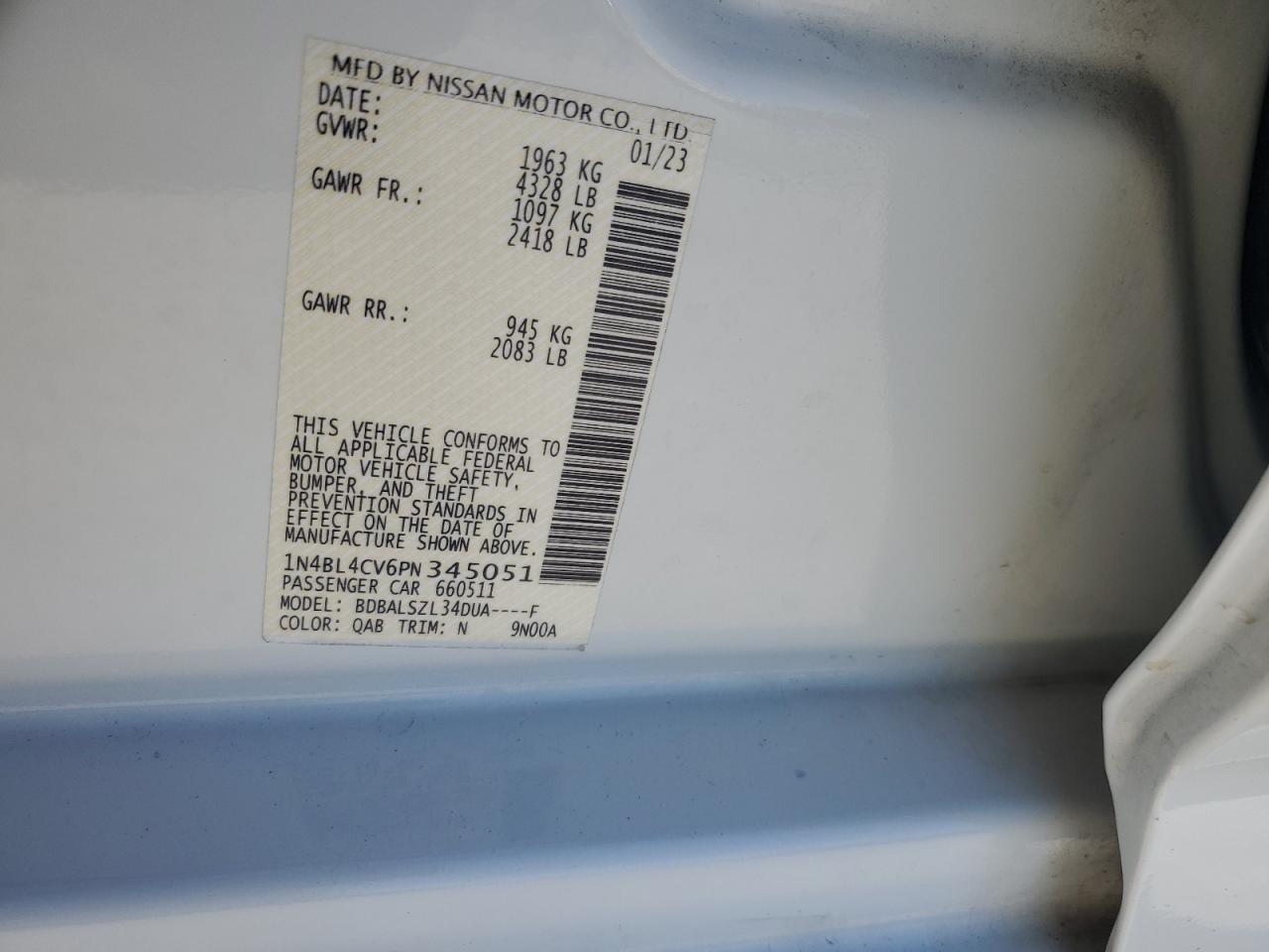 2023 NISSAN ALTIMA SR VIN:1N4BL4CV6PN345051