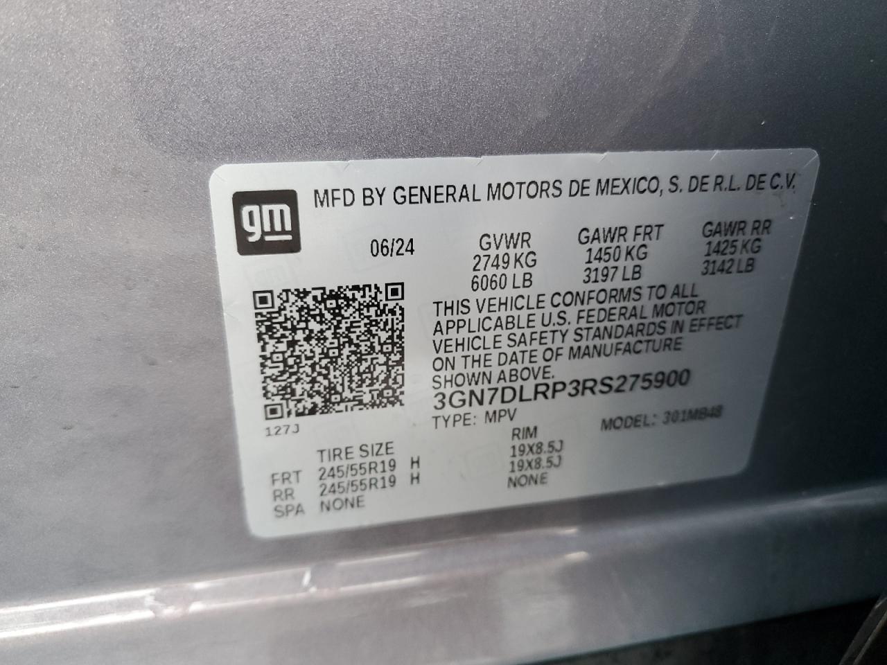 2024 CHEVROLET EQUINOX 2LT VIN:3GN7DLRP3RS275900