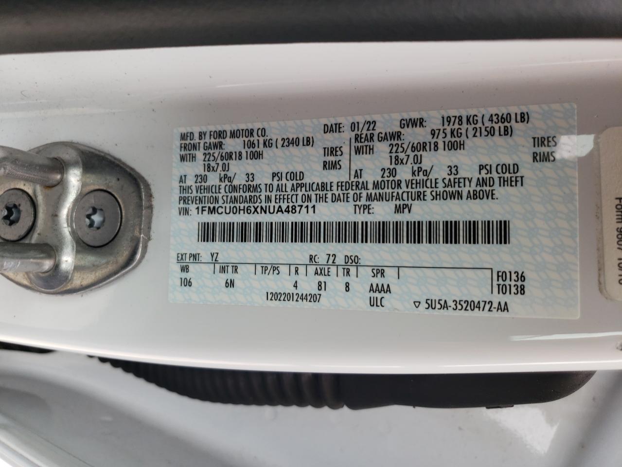 2022 FORD ESCAPE SEL VIN:1FMCU0H6XNUA48711