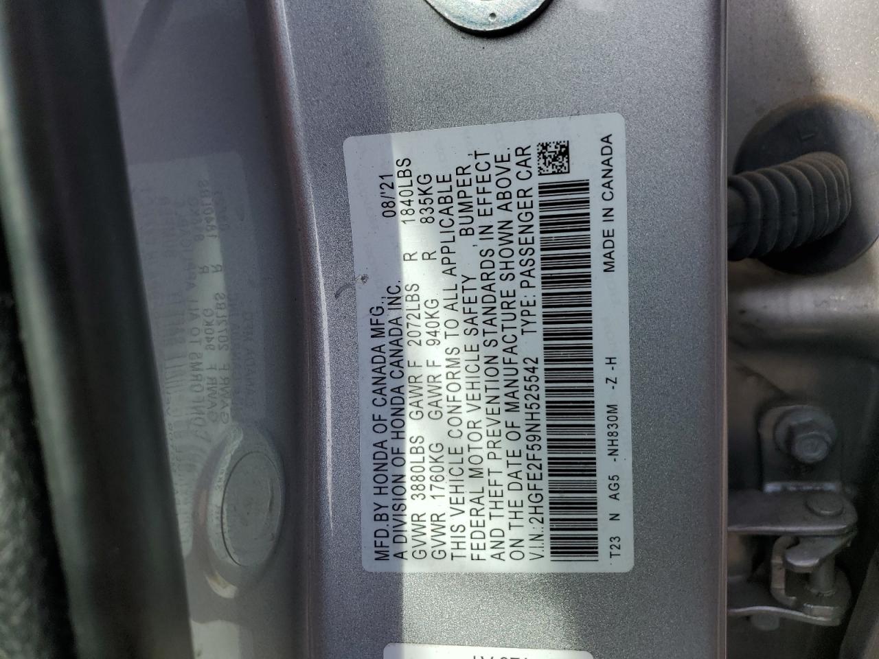 2022 HONDA CIVIC SPORT VIN:2HGFE2F59NH525542