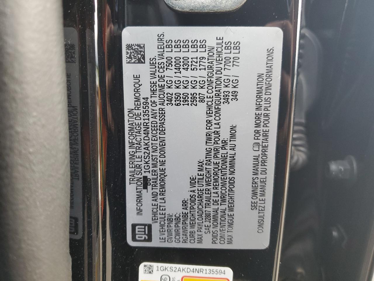2022 GMC YUKON SLE VIN:1GKS2AKD4NR135594