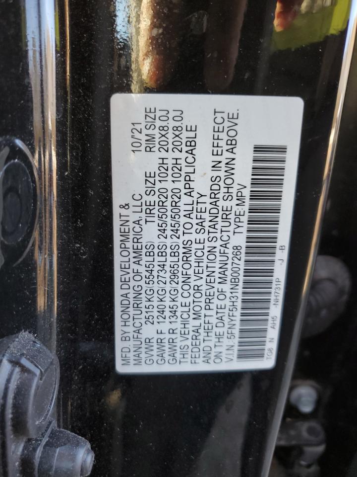2022 HONDA PILOT SPORT VIN:5FNYF5H31NB007268
