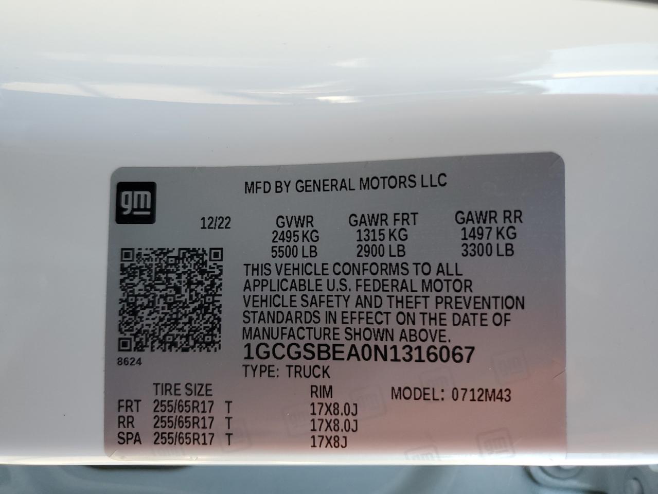 2022 CHEVROLET COLORADO  VIN:1GCGSBEA0N1316067