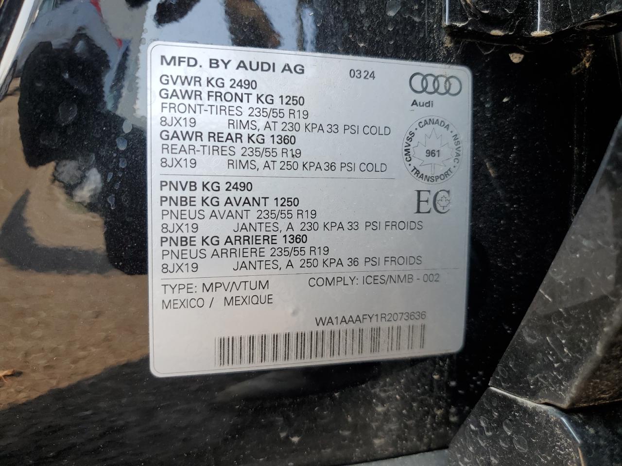 2024 AUDI Q5 KOMFORT 45 VIN:WA1AAAFY1R2073636