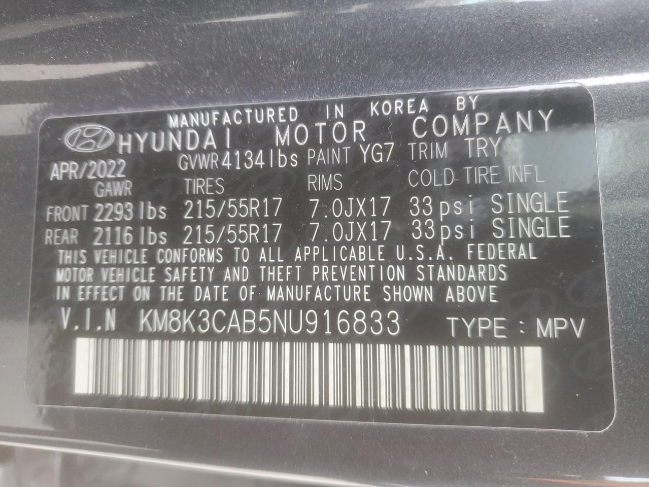 2022 HYUNDAI KONA SEL VIN:KM8K3CAB5NU916833