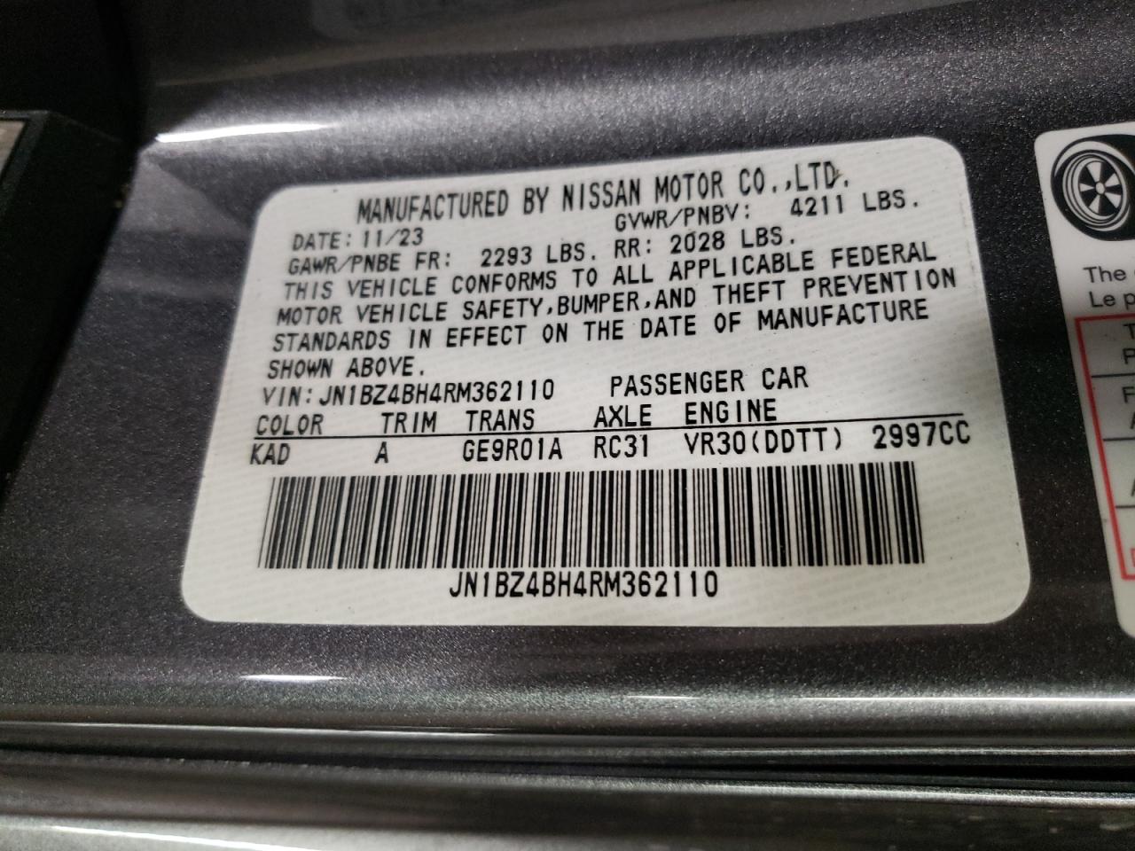 2024 NISSAN Z PERFORMANCE VIN:JN1BZ4BH4RM362110