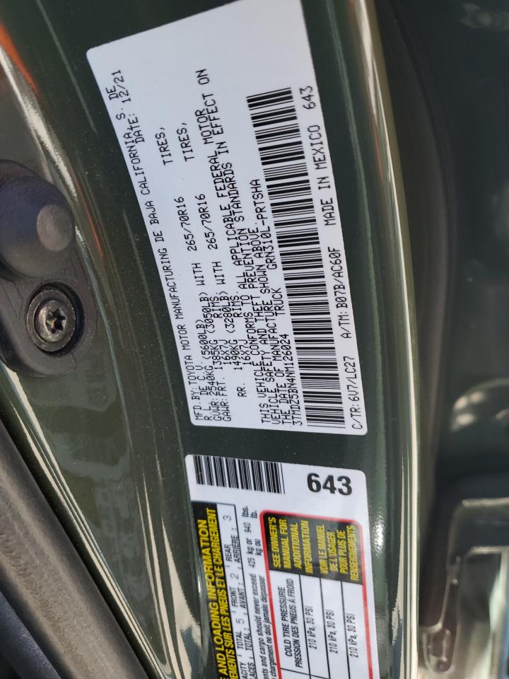 2022 TOYOTA TACOMA DOUBLE CAB VIN:3TMDZ5BN4NM126024