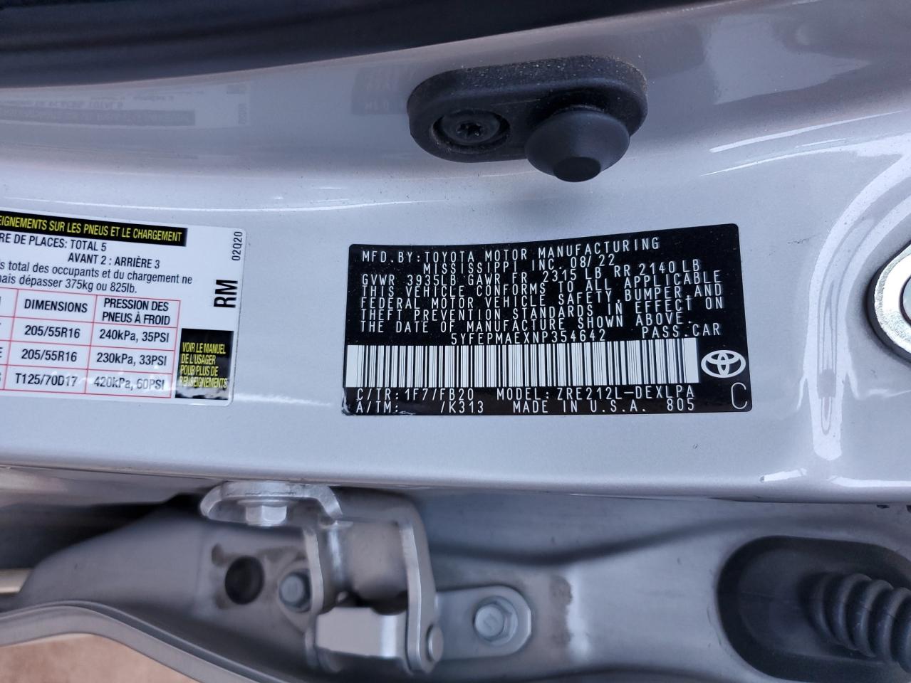 2022 TOYOTA COROLLA LE VIN:5YFEPMAEXNP354642