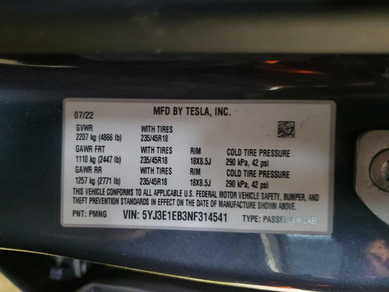 2022 TESLA MODEL 3  VIN:5YJ3E1EB3NF314541