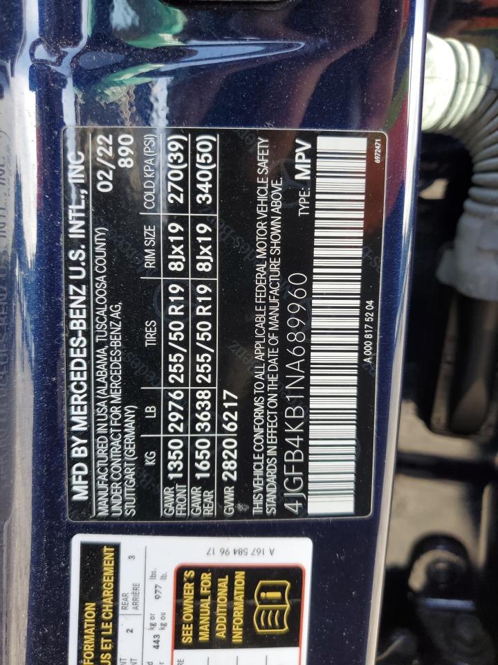 2022 MERCEDES-BENZ GLE 350 4MATIC VIN:4JGFB4KB1NA689960