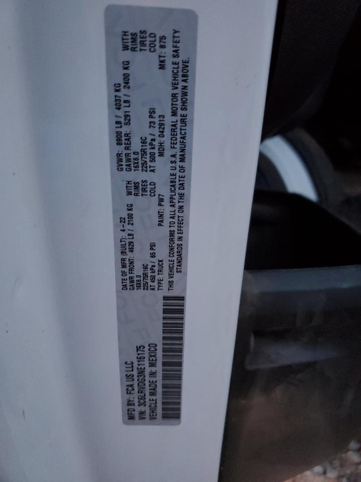 2022 RAM PROMASTER 2500 2500 HIGH VIN:3C6LRVDG3NE116175
