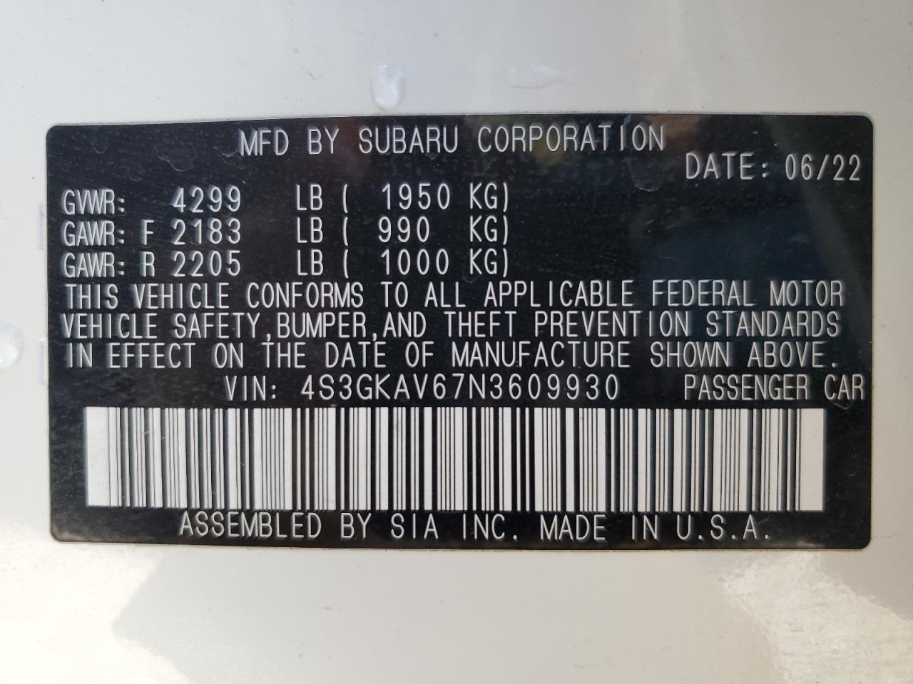 2022 SUBARU IMPREZA PREMIUM VIN:4S3GKAV67N3609930