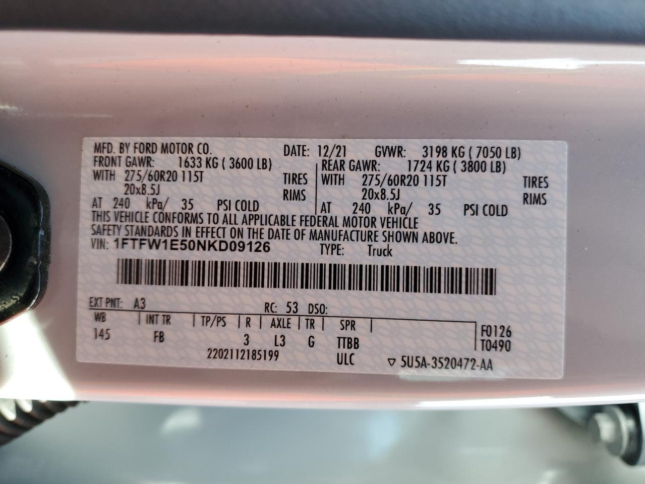 2022 FORD F150 SUPERCREW VIN:1FTFW1E50NKD09126