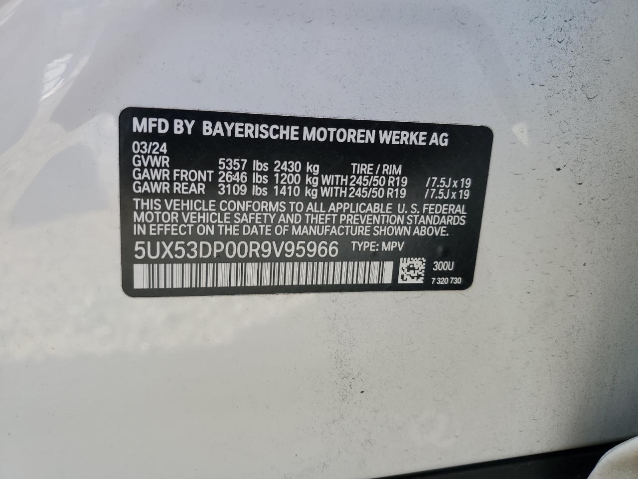 2024 BMW X3 XDRIVE30I VIN:5UX53DP00R9V95966