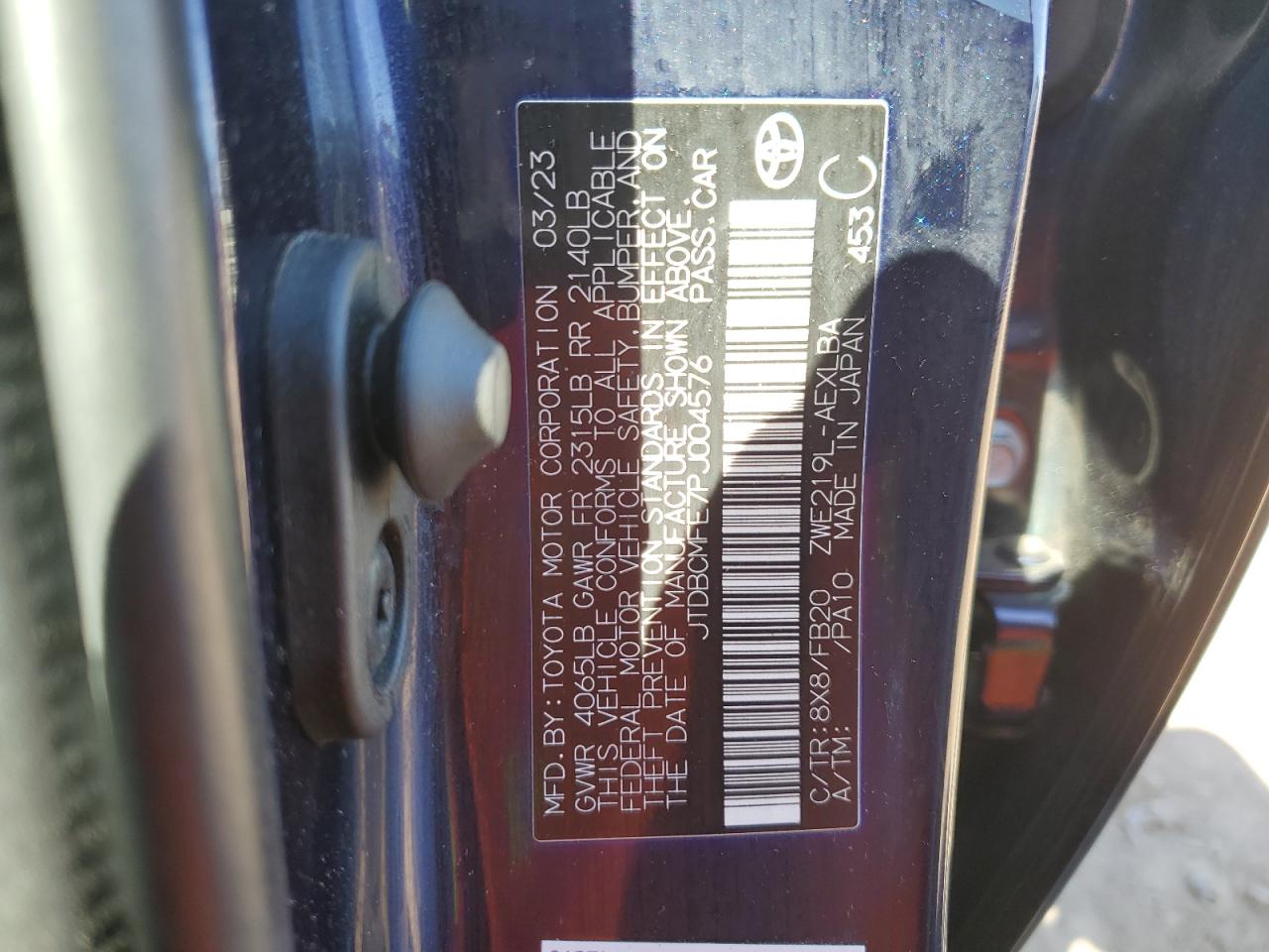 2023 TOYOTA COROLLA LE VIN:JTDBCMFE7PJ004576