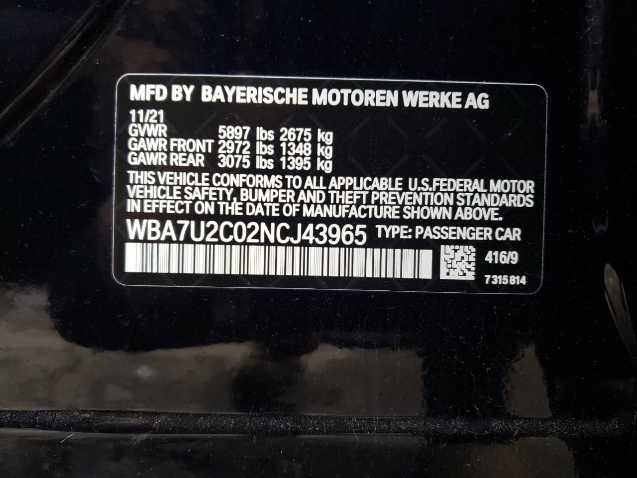 2022 BMW 750 XI VIN:WBA7U2C02NCJ43965