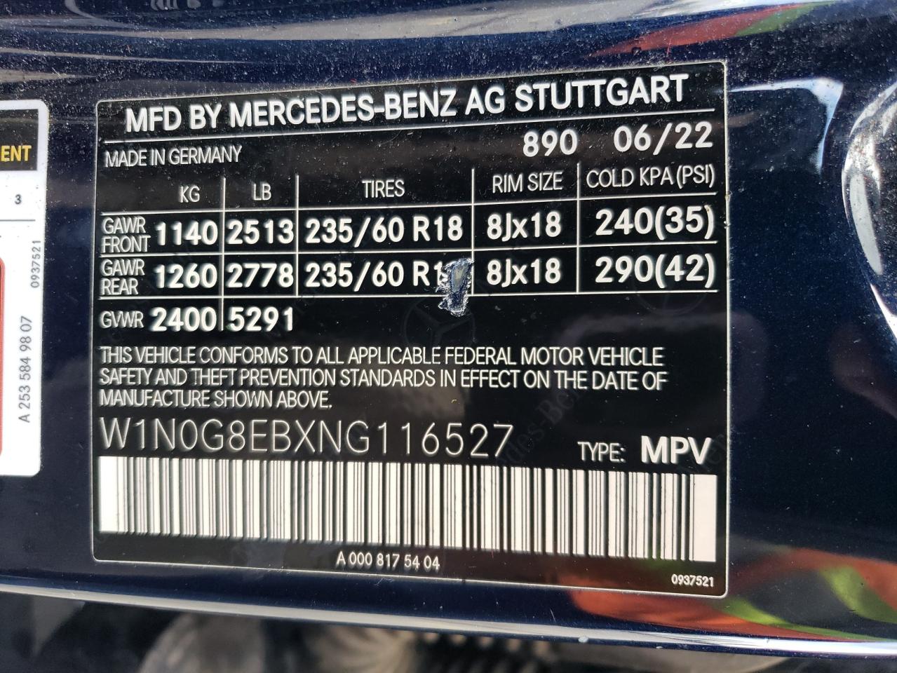 2022 MERCEDES-BENZ GLC 300 4MATIC VIN:W1N0G8EBXNG116527