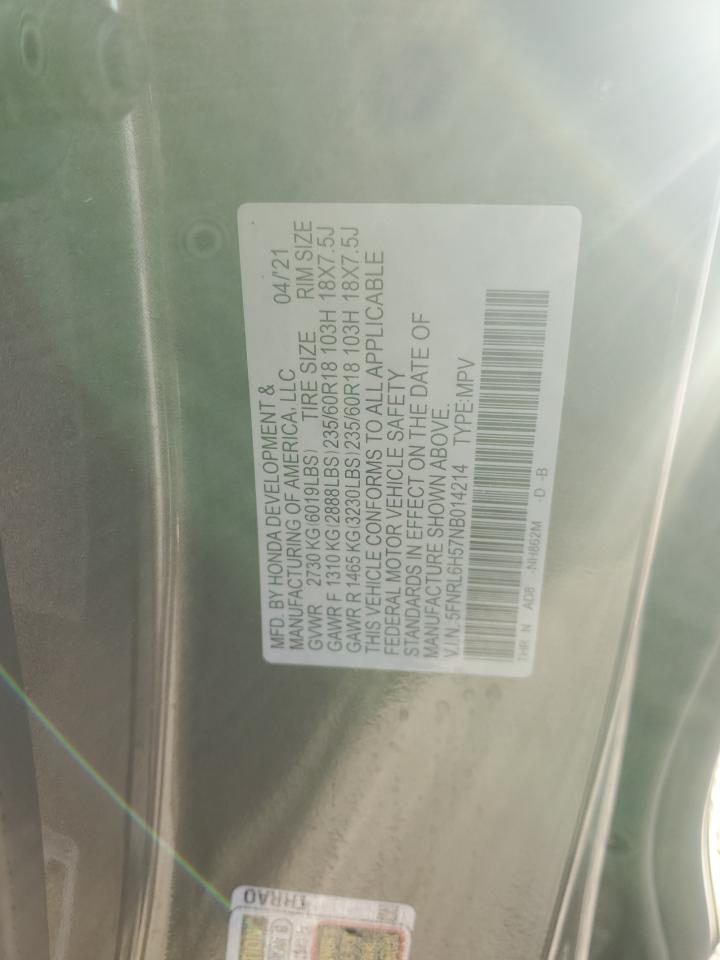 2022 HONDA ODYSSEY EX VIN:5FNRL6H57NB014214