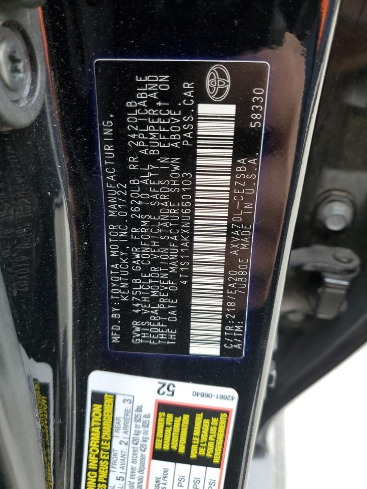 2022 TOYOTA CAMRY NIGHT SHADE VIN:4T1S11AKXNU660103