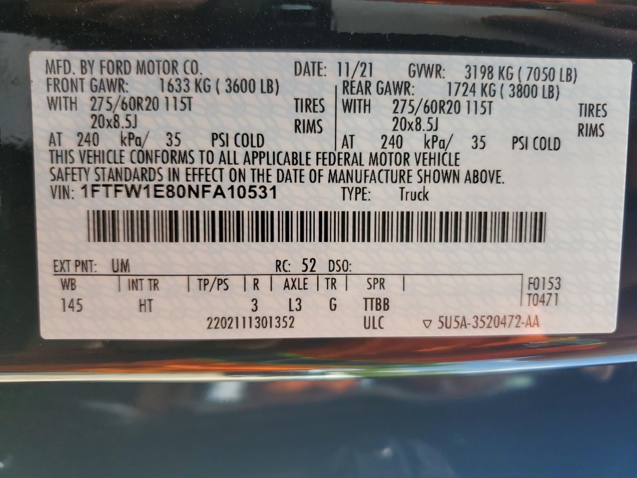 2022 FORD F150 SUPERCREW VIN:1FTFW1E80NFA10531