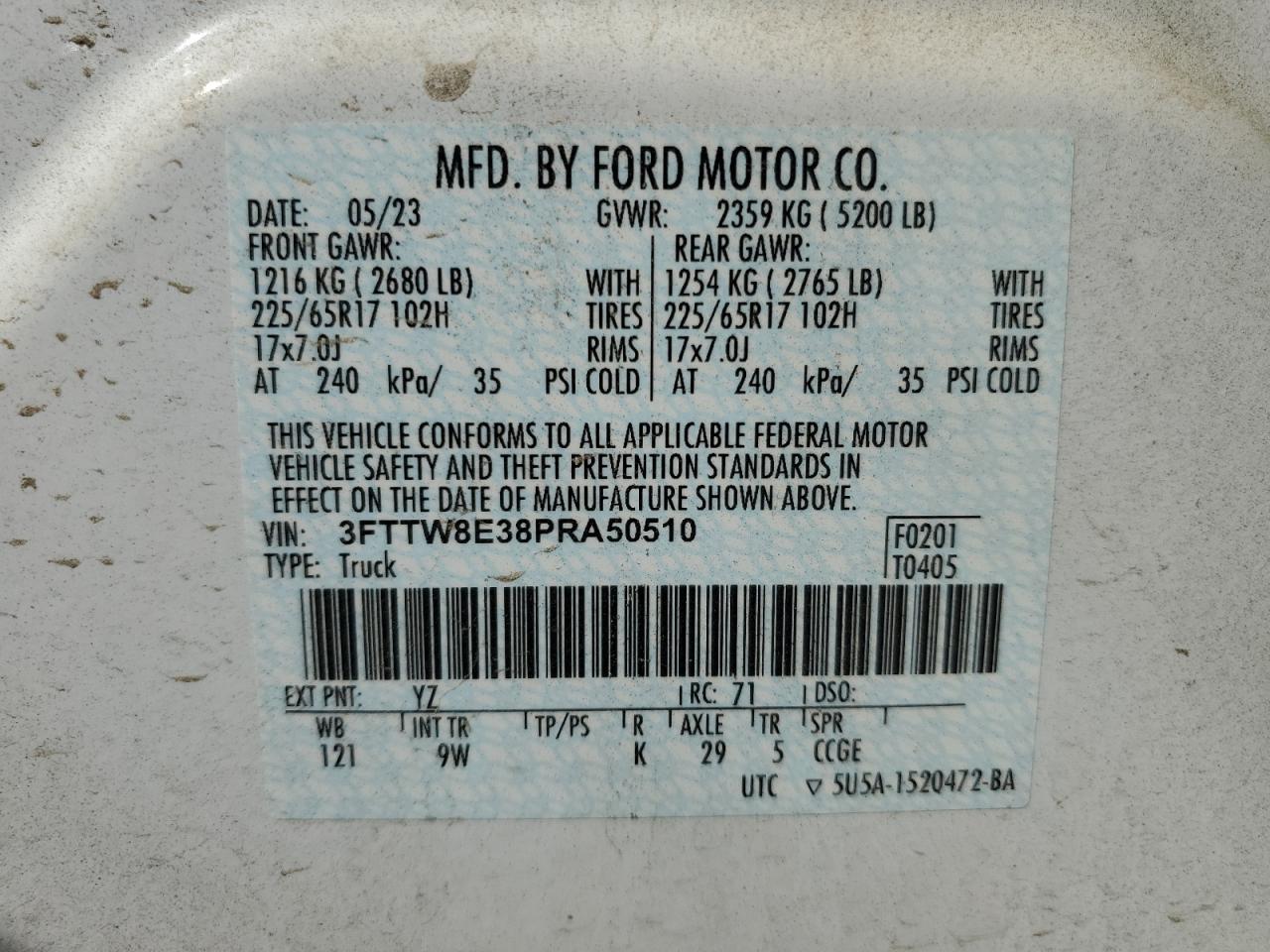 2023 FORD MAVERICK XL VIN:3FTTW8E38PRA50510