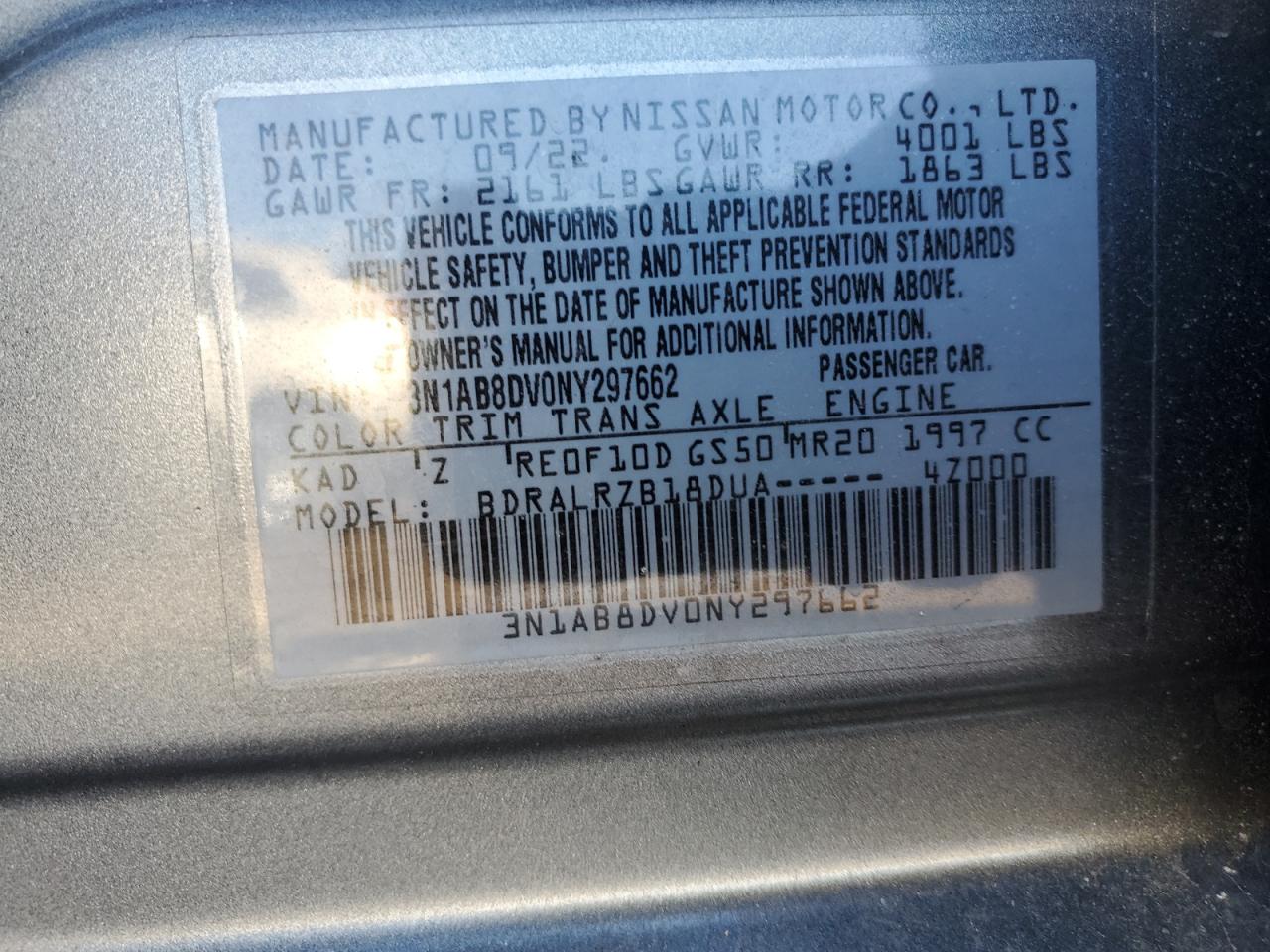 2022 NISSAN SENTRA SR VIN:3N1AB8DV0NY297662