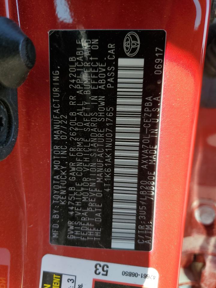 2022 TOYOTA CAMRY XSE VIN:4T1K61AK1NU071765