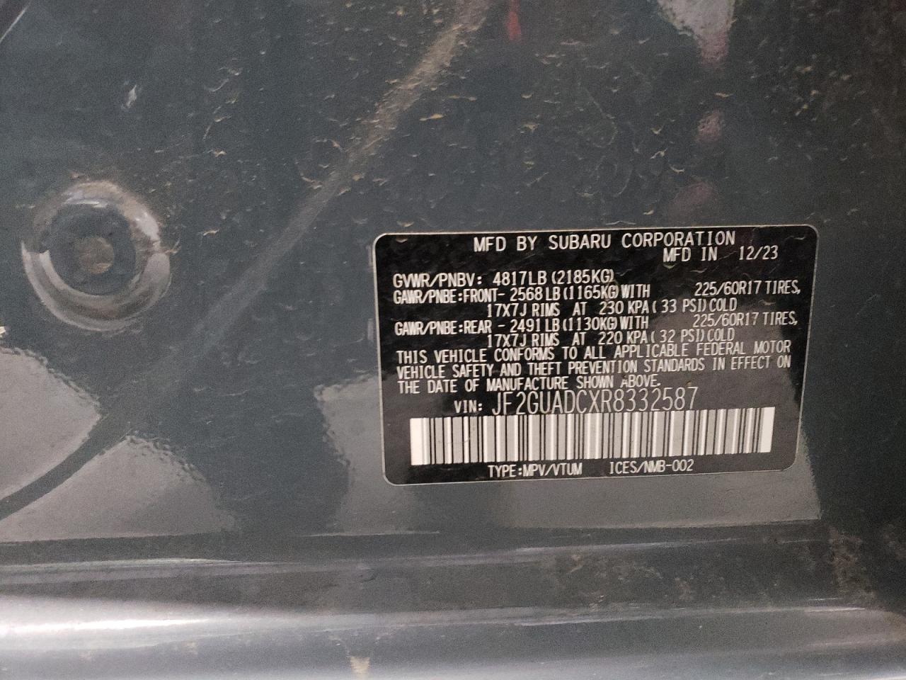 2024 SUBARU CROSSTREK PREMIUM VIN:JF2GUADCXR8332587