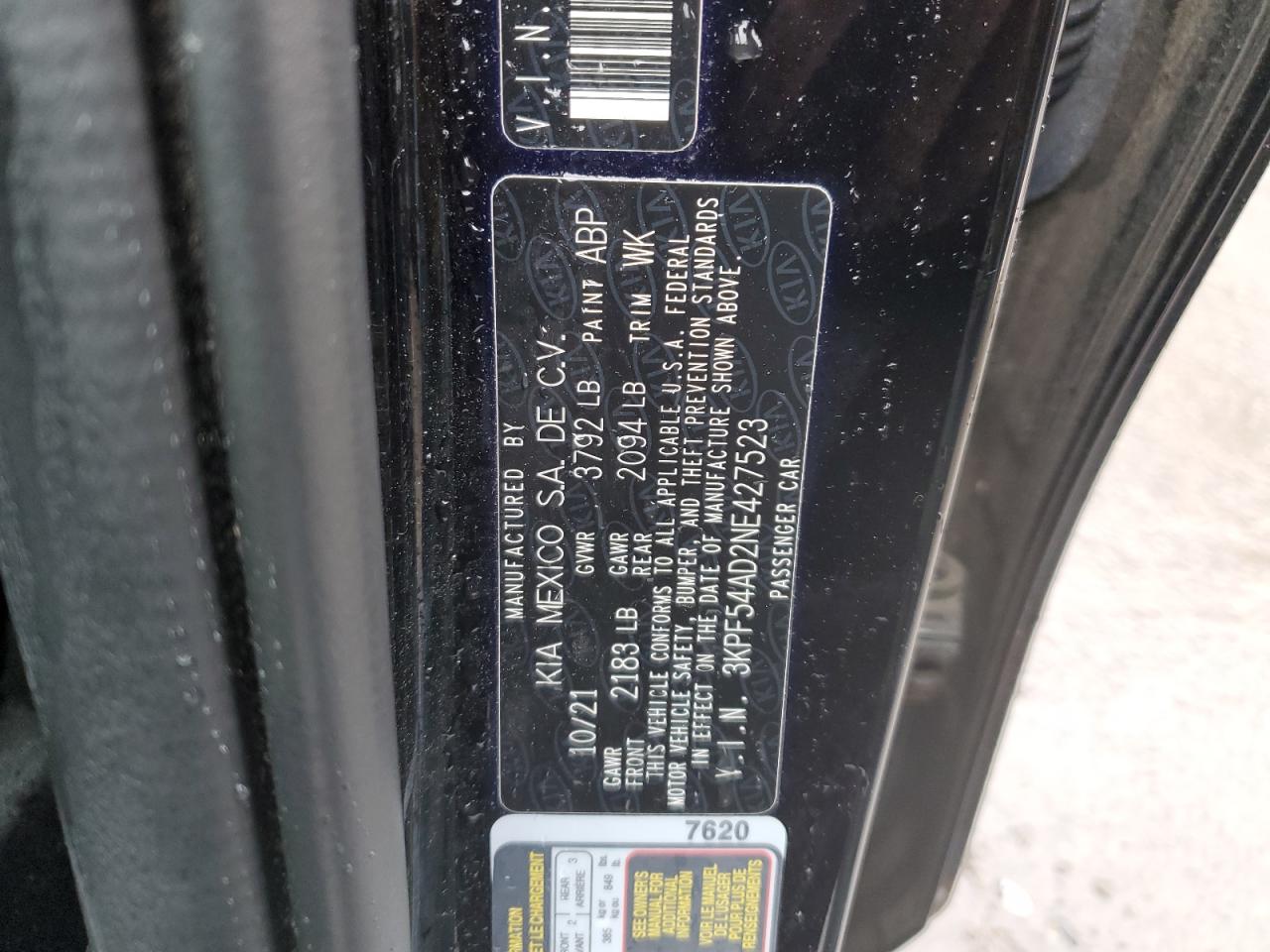 2022 KIA FORTE GT LINE VIN:3KPF54AD2NE427523