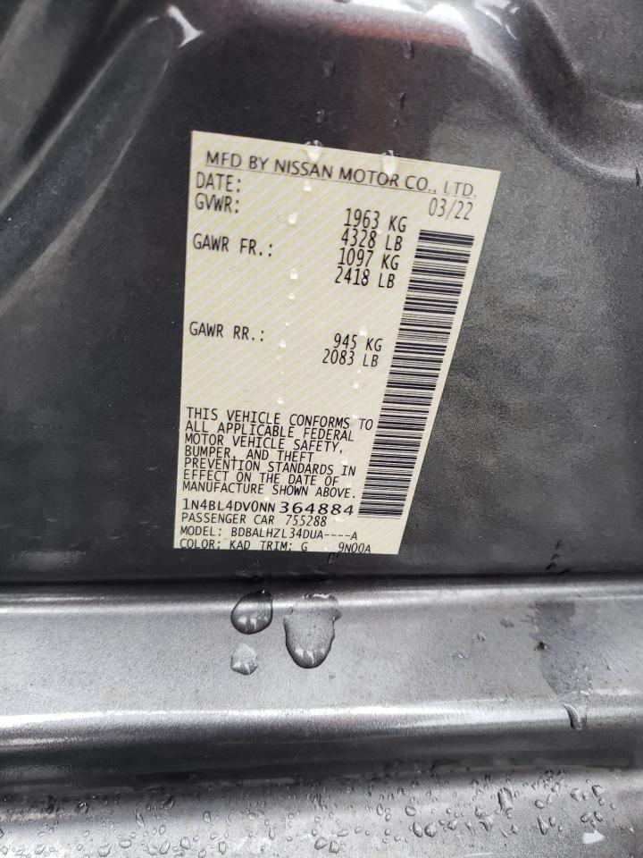 2022 NISSAN ALTIMA SV VIN:1N4BL4DV0NN364884