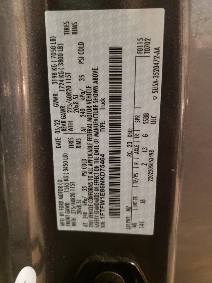 2022 FORD F150 SUPERCREW VIN:1FTFW1E86NKD75464