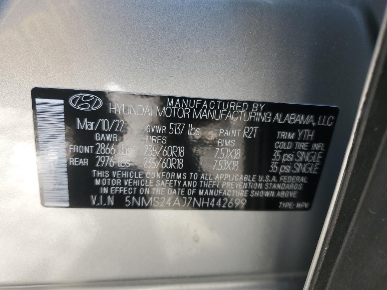 2022 HYUNDAI SANTA FE SEL VIN:5NMS24AJ7NH442699