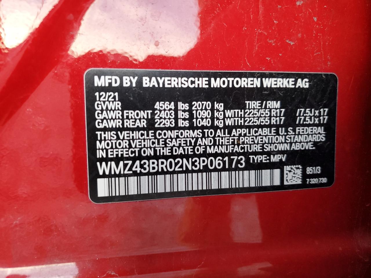 2022 MINI COOPER COUNTRYMAN ALL4 VIN:WMZ43BR02N3P06173