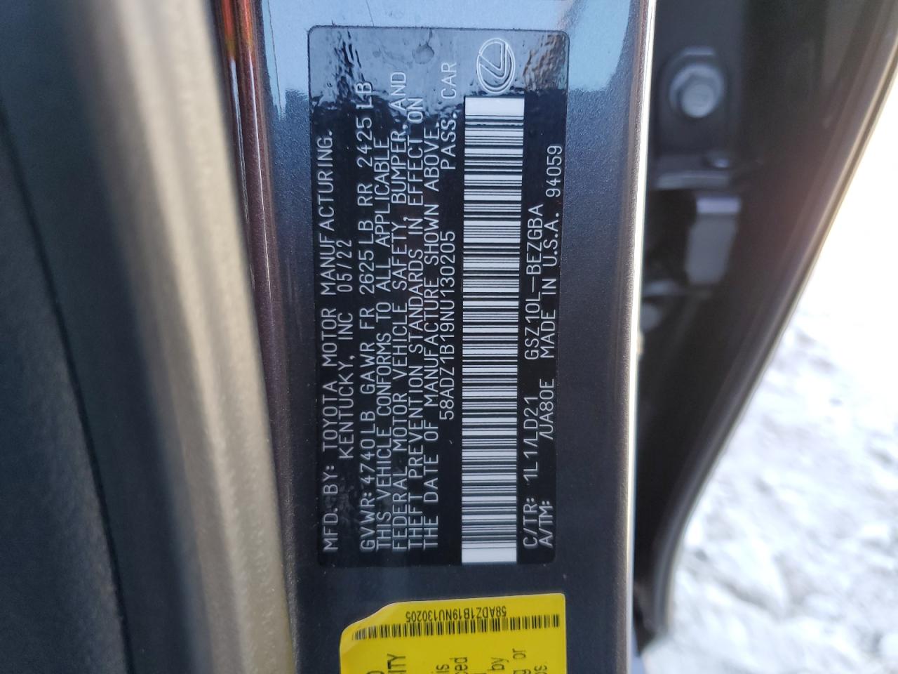 2022 LEXUS ES 350 BASE VIN:58ADZ1B19NU130205