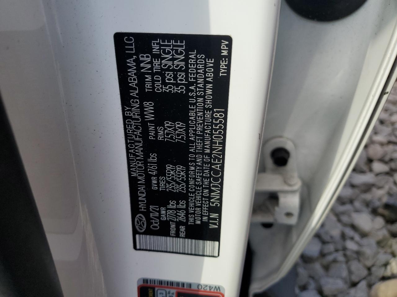 2022 HYUNDAI TUCSON SEL VIN:5NMJCCAE2NH055581