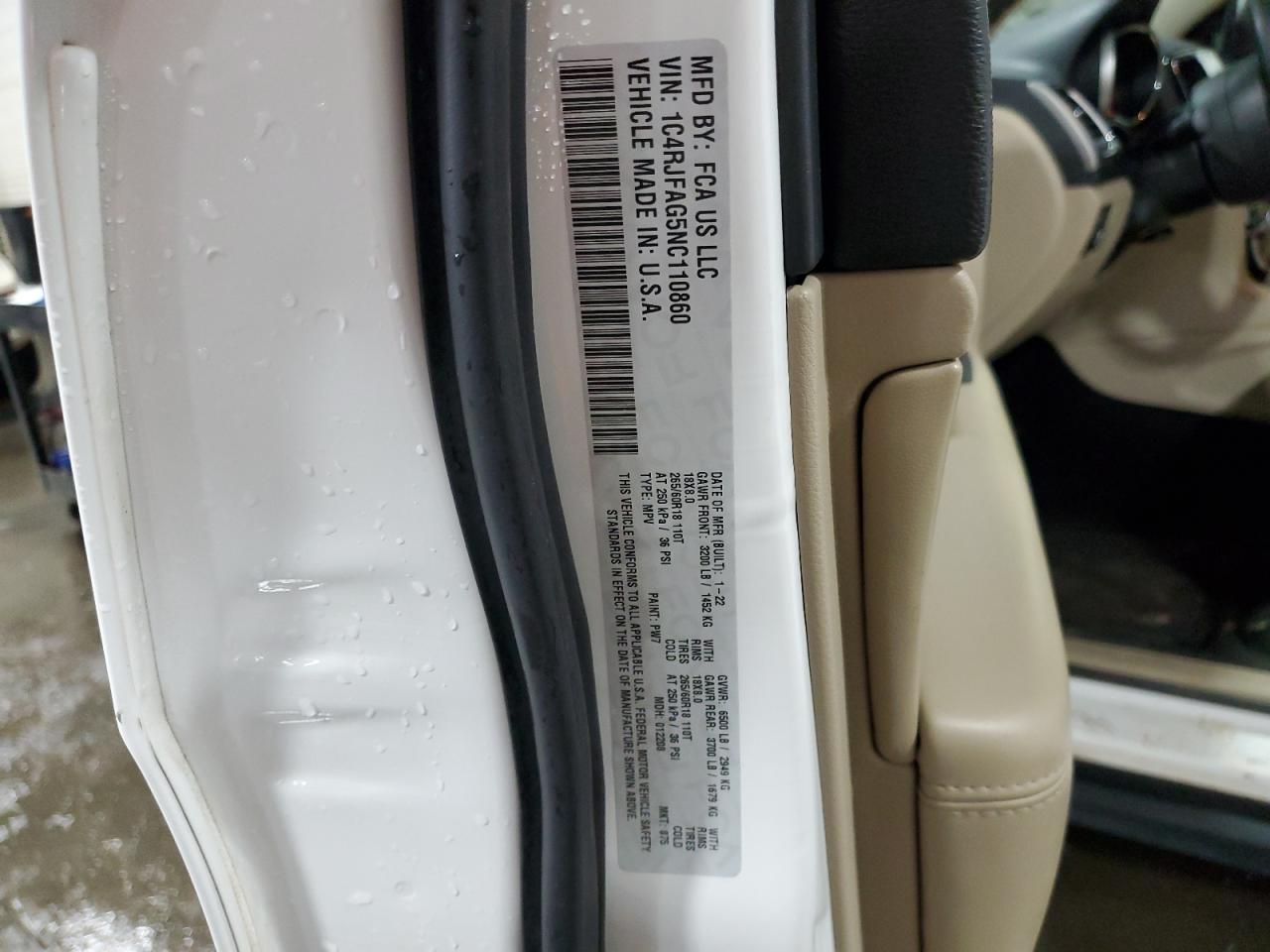2022 JEEP GRAND CHEROKEE LAREDO E VIN:1C4RJFAG5NC110860