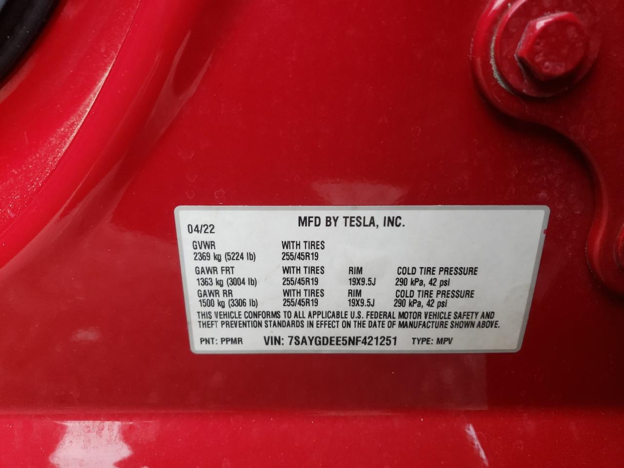 2022 TESLA MODEL Y  VIN:7SAYGDEE5NF421251