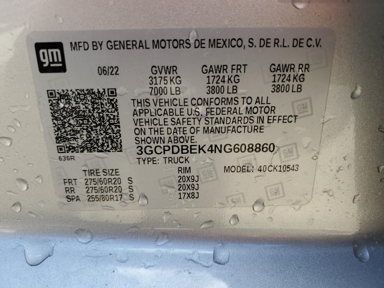 2022 CHEVROLET SILVERADO K1500 CUSTOM VIN:3GCPDBEK4NG608860