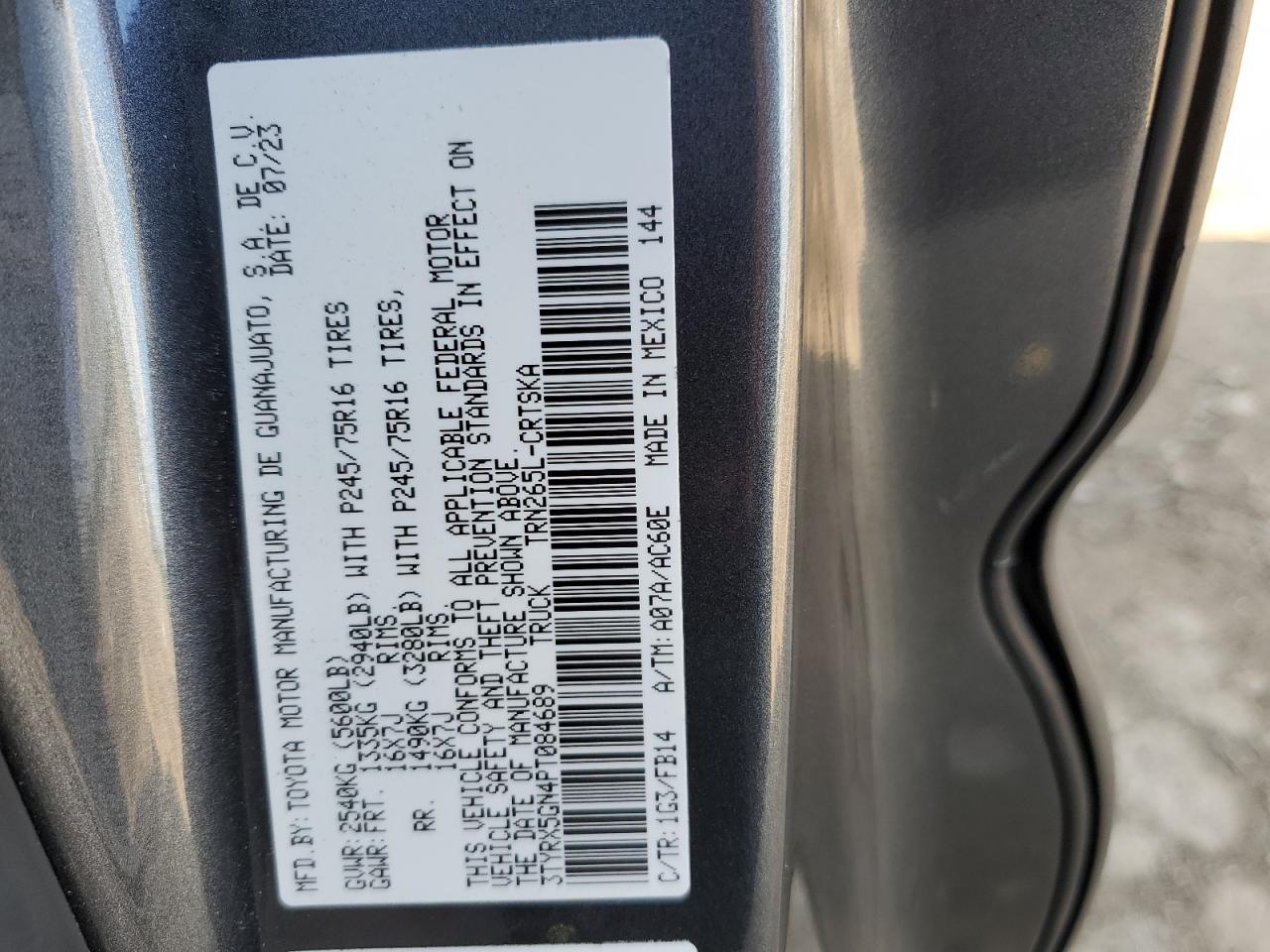 2023 TOYOTA TACOMA ACCESS CAB VIN:3TYRX5GN4PT084689