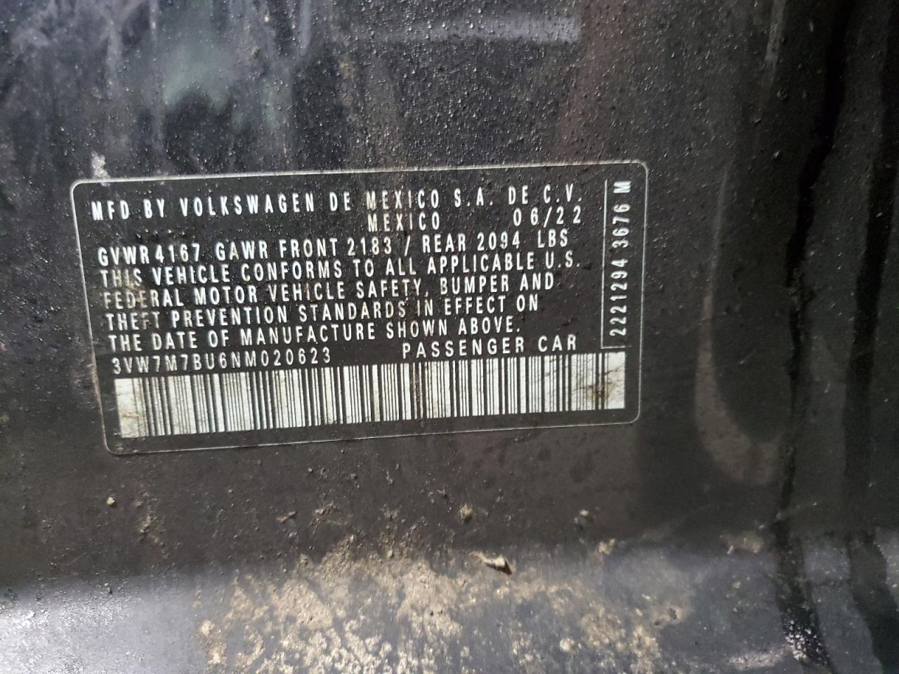 2022 VOLKSWAGEN JETTA SE VIN:3VW7M7BU6NM020623
